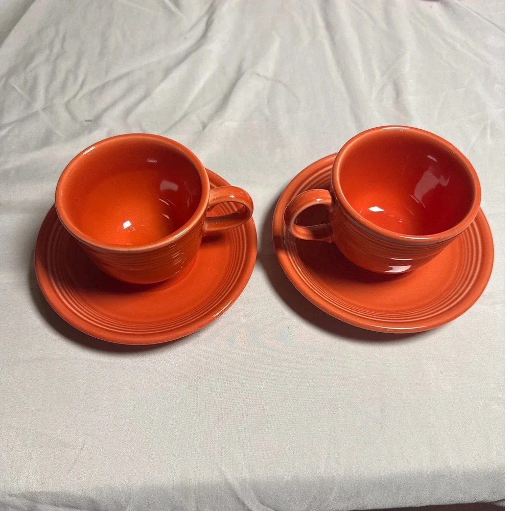 Fiesta Tea Cup Saucer Set Unisex OS Poppy Orange Excellent HLC Ring Handle 4pc